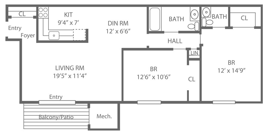 Floor plan of a 2-bedroom, 1.5-bath apartment for rent in Newark, DE