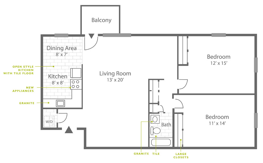 floor plan of a 2-bedroom, 1-bedroom Roxborough apartment at Leverington Court