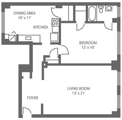 1-bedroom apartment floor plan at The McCallum in the Mt. Airy section of Philadelphia