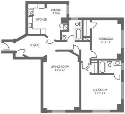 Floor plan for a 2-bedroom, 2-bathroom apartment in Mt. Airy, Philadelphia at The McCallum