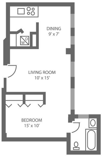 Floor plan for a studio apartment in Mt. Airy with spacious bedroom and living room.