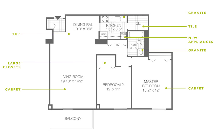 Floor plan of a 2-bedroom, 1-bath apartment for rent at Regency Towers in Willow Grove, PA 