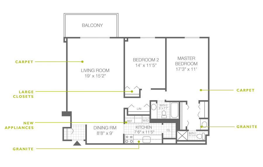 Floor plan of a luxury 2-bedroom, 2-bath Willow Grove apartment at Regency Towers. 