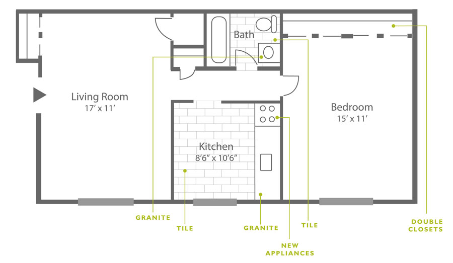 Floor plan of a 1-bedroom rental in Roxborough at Ridge Court on Ridge Ave