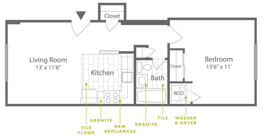 1-bedroom, 1-bathroom apartment rental floor plan in Building C at Rock Hill Apartments