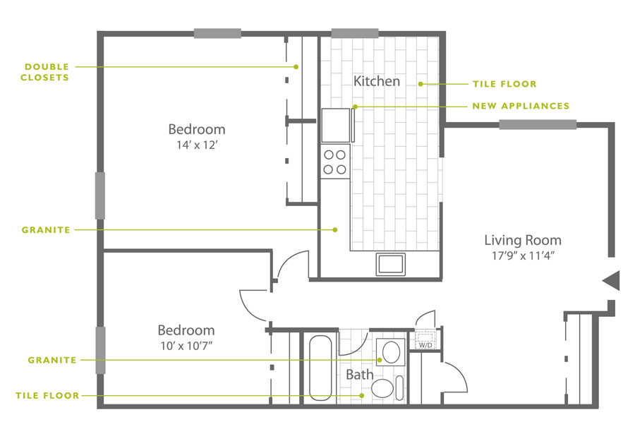 Floor plan of a 2-bedroom apartment for rent at Rock Hill Apartments in Manayunk-Roxborough 