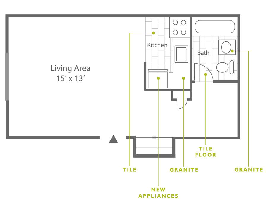Floor plan of a studio apartment at Rock Hill Apartments in Manayunk 