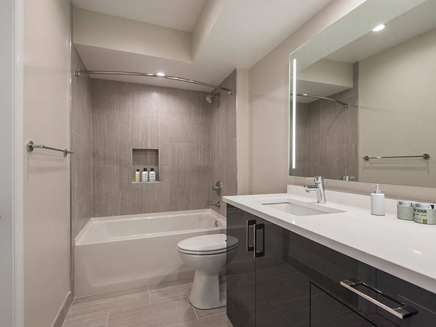 large apartment bathroom with double vanity