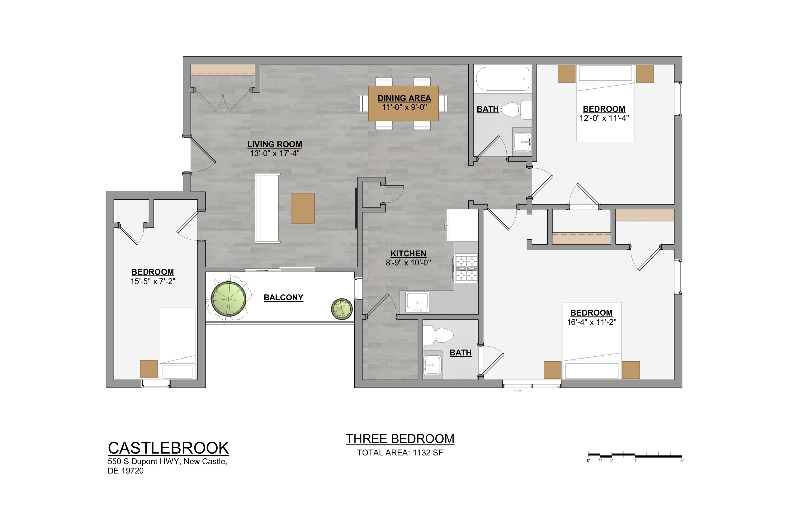 3-bedroom New Castle, DE rental with balcony and 2-bathrooms at the Castlebrook Apartments 